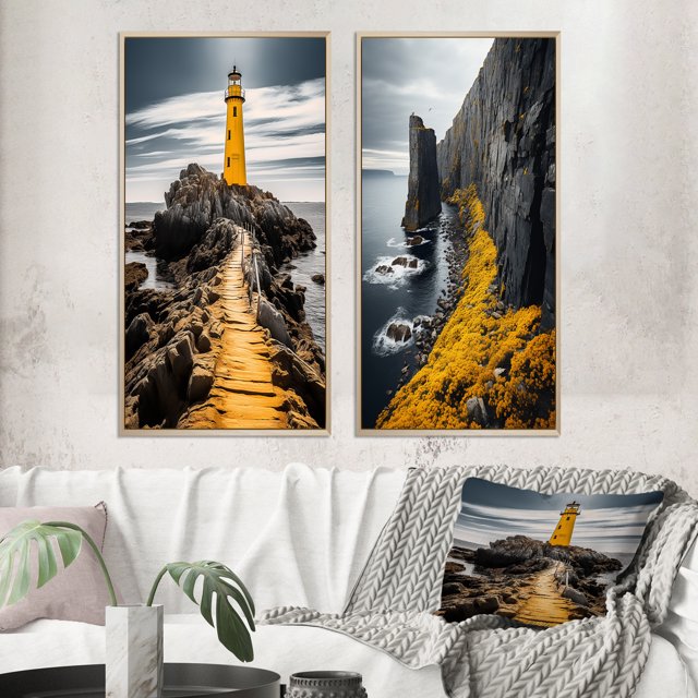 Designart "Lighthouse Photo Grey and Yellow Serenity II" Lighthouses Framed Wall Art Set Of 2 - Grey Beach Gallery Wall Frame Set For Home Decor