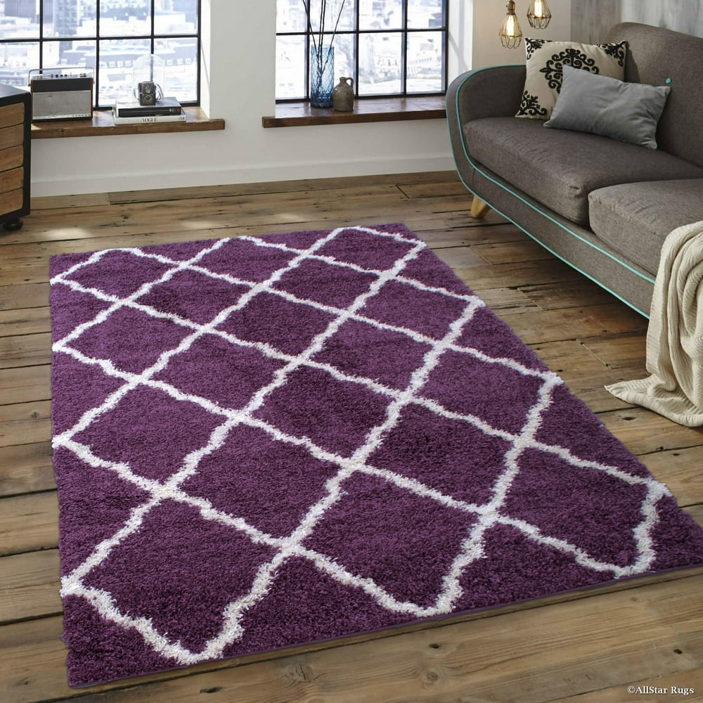 Allstar Modern Contemporary Purple High Pile Posh Shaggy Trellis Patterned Area Rug (5' 0" x 7