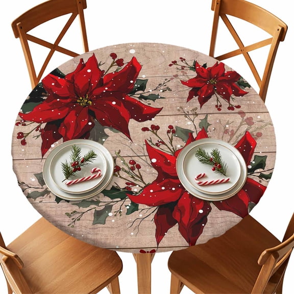 Christmas Round Tablecloth Red Poinsettia Flower Tablecloths with Elastic Edge Fitted Berry Holly Floral Wood Table Cover,Waterproof Oil Proof for Dinner,Outdoor, Picnic 36" - 44"  DIA Tables