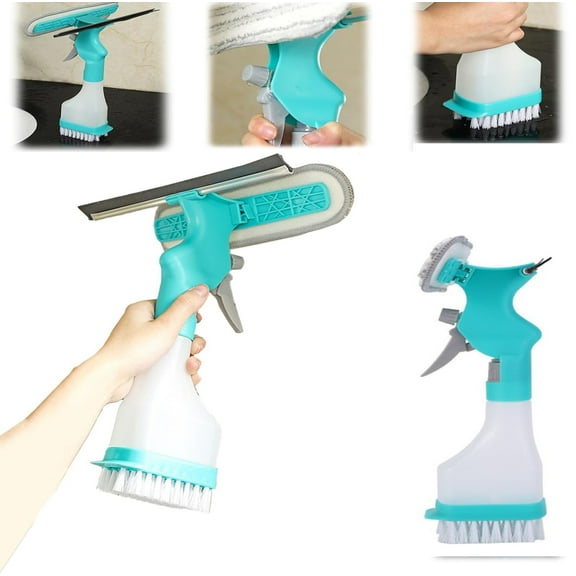 4-in-1 Scraper Brush Spray and Brush -Multifunction Window Cleaner Tool, Squeegee, and Microfiber Washer Head - by Home Glass Refillable Bottle Built-in Squeegee,Scrub Pad Spray,Window Cleaner Tool,1P