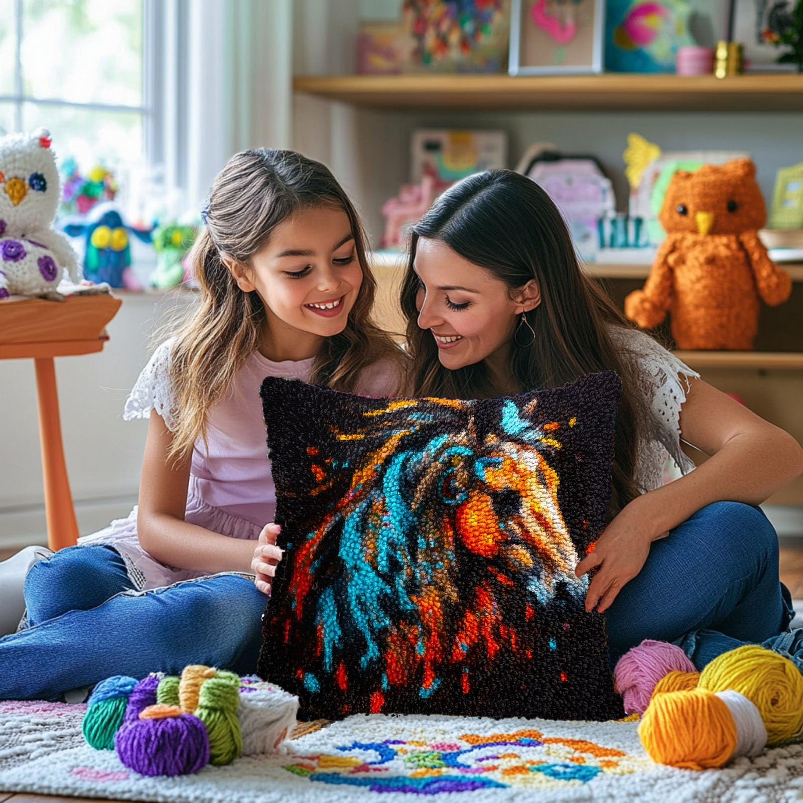 Colorful Indian War Horse DIY Latch Hook Pillow Kits for Adults Printed Pillowcase Crochet Yarns Hooking Handmade Pillow Cover Cushion for Home Sofa Decoration 17x17inch(1)