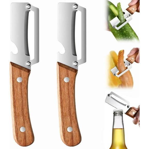 Multi-functional Vegetable Peeler for Kitchen, Multifunctional Vegetable Peeler, Premium Vegetable Peelers with Wooden Handle and Bottle Opener (2pcs)Q