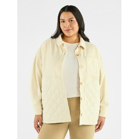 Terra & Sky Women's Plus Size Quilt Mix Button Front Shacket with Long Sleeves, Sizes 1X-5X