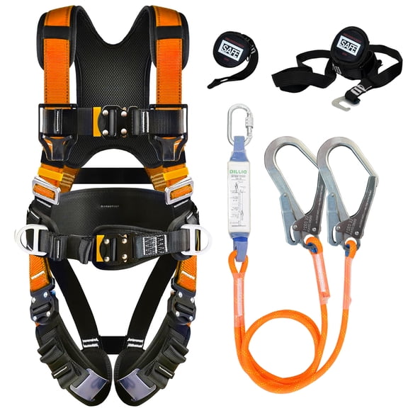 Fall Protection Premium Safety Harness with Shock Absorbing Lanyard, Vented & Padded Shoulder, Legs & Back - Upgrade 4 Quick Buckles