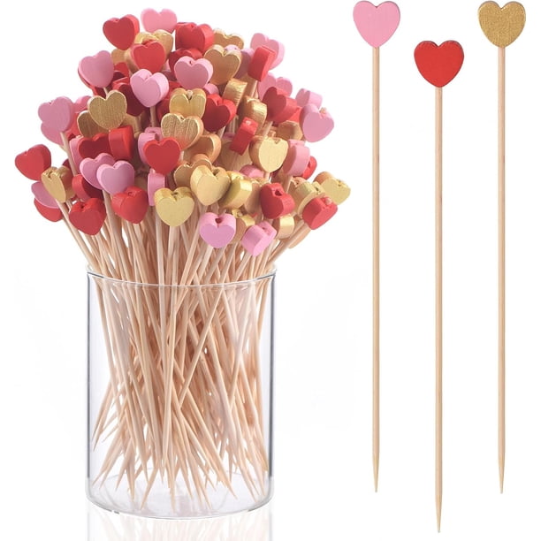Pack de 100 Palillos de Bambú con Forma de Corazón en Colores Rosa Rojo y Dorado para Cócteles y Aperitivos