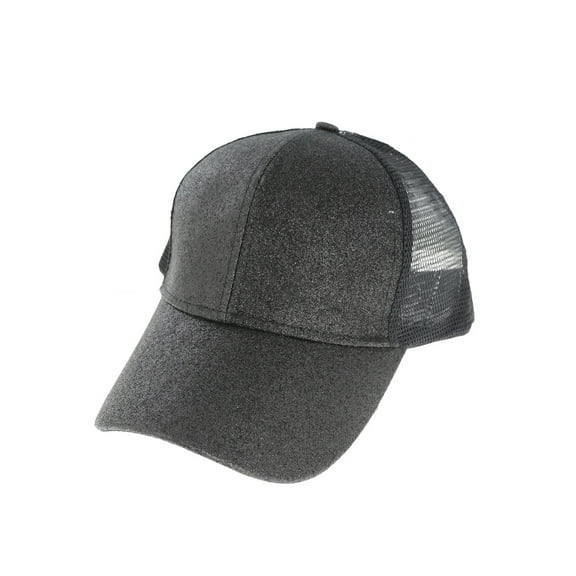 Top Headwear Fashion Glitter Mesh High Bun Ponytail Trucker Hat - Black