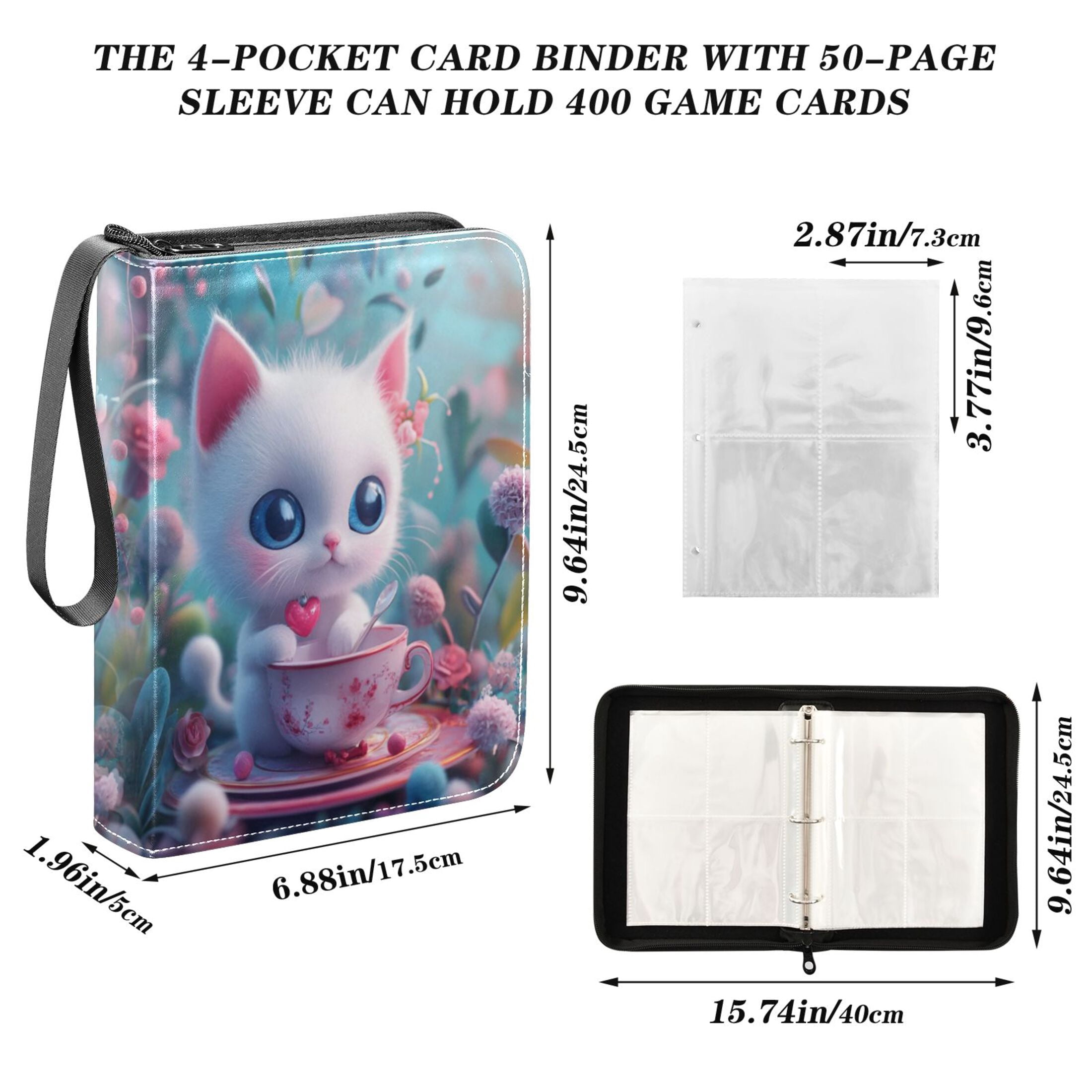 Game Card Storage Bag Collectible Trading Card Albums The 4-Pocket Card Binder With 50-Page Sleeve Can Hold 400 Game Cards Lovely Cartoon Little White Cat