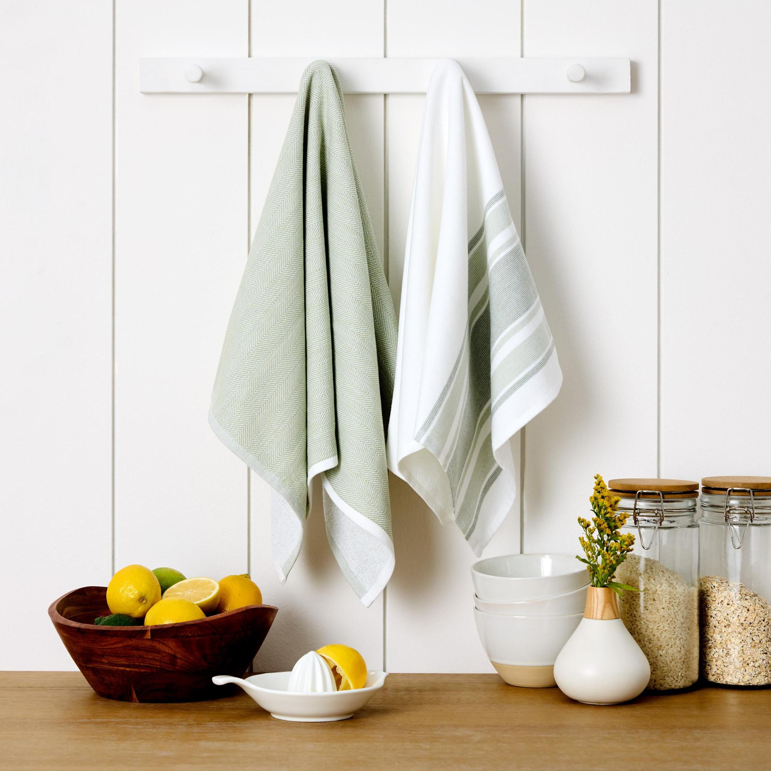 (2 pack) Beautiful Home by Drew Barrymore 2-Piece Yarn Dyed Kitchen Towel Set, Sage Green, 20 in x 30 in