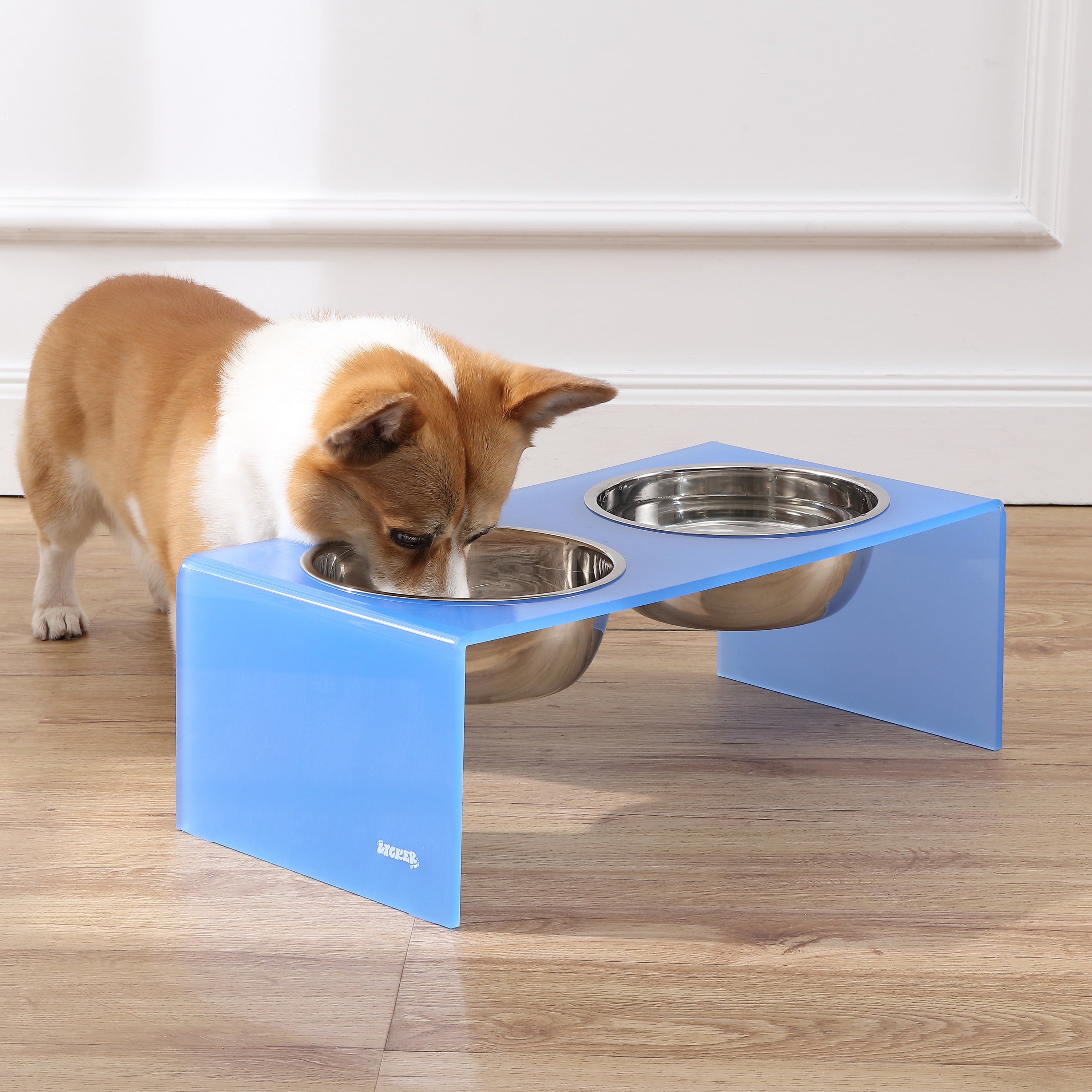 THE LICKER STORE Keaton 7.5" Medium/Large Modern Acrylic Rectangular Elevated Pet Feeder with 54oz 2-Stainless Steel Bowls, Blue/Chrome, DBL2001C