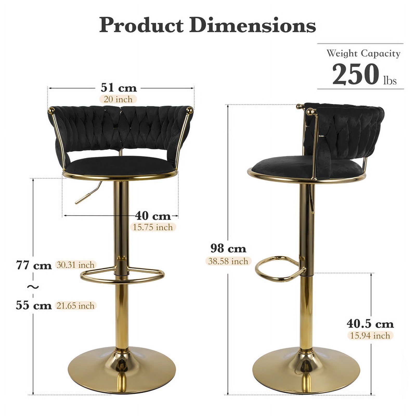 Hawsaiy Modern Velvet Bar Stool Set of 2 with Woven Back and Footrest for Kitchen, Bar, and Dining Spaces,Black