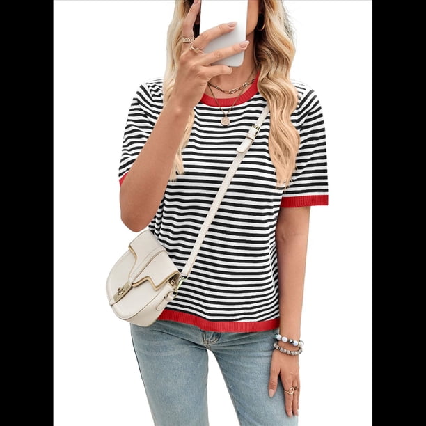 Suéteres Casuales de Verano para Mujer, con Cuello Redondo, Corta, A Rayas, de Punto con Bloques de Color, de Corte Alto y Moderno Negro y Rojo XXL