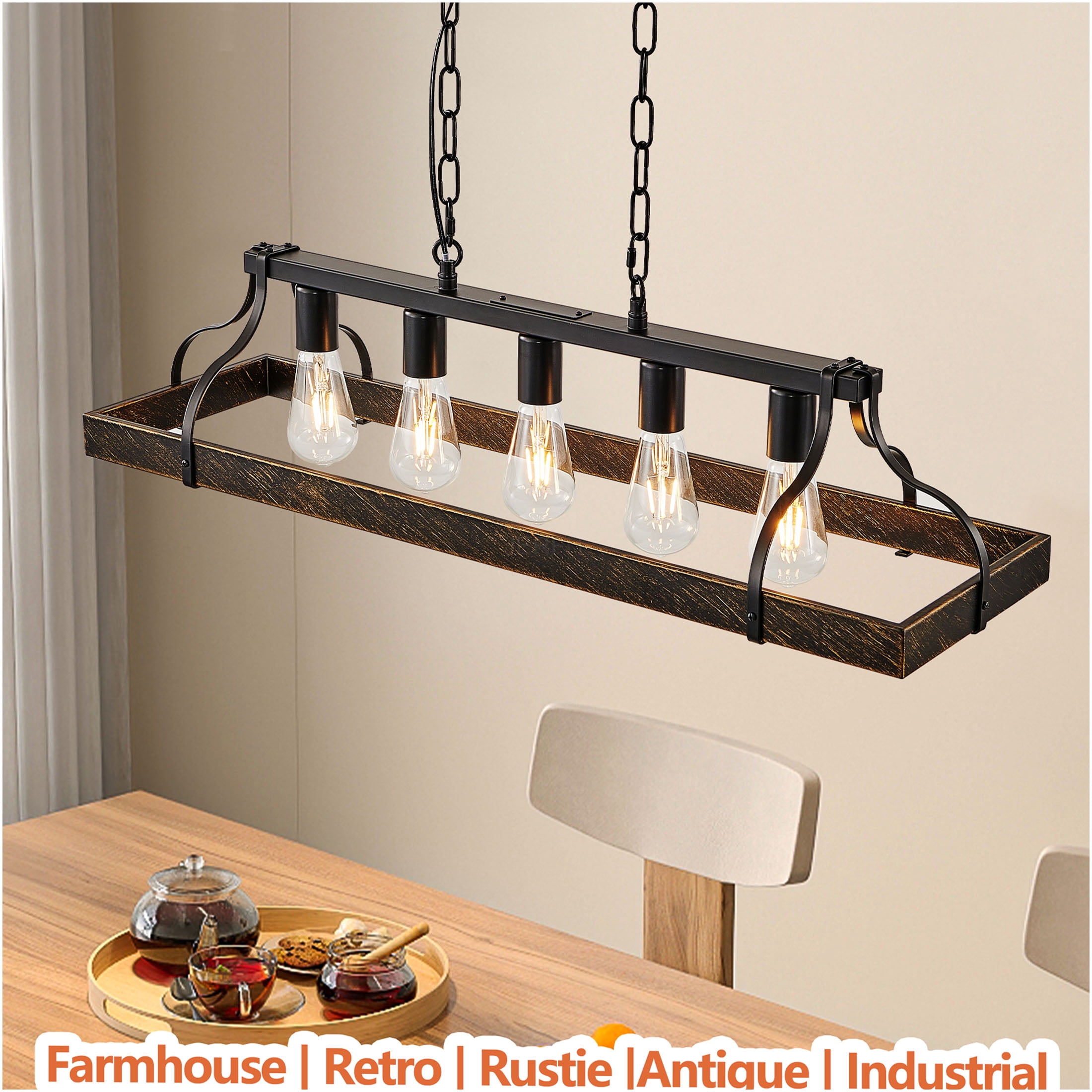 JERFIT Vintage Black Gold Pendant Light Chandelier, 5-Light Island Hanging Fixture with Adjustable Chain for Dining Room Kitchen Living Room, Antique Industrial Cage Ceiling Light, No Bulbs Included