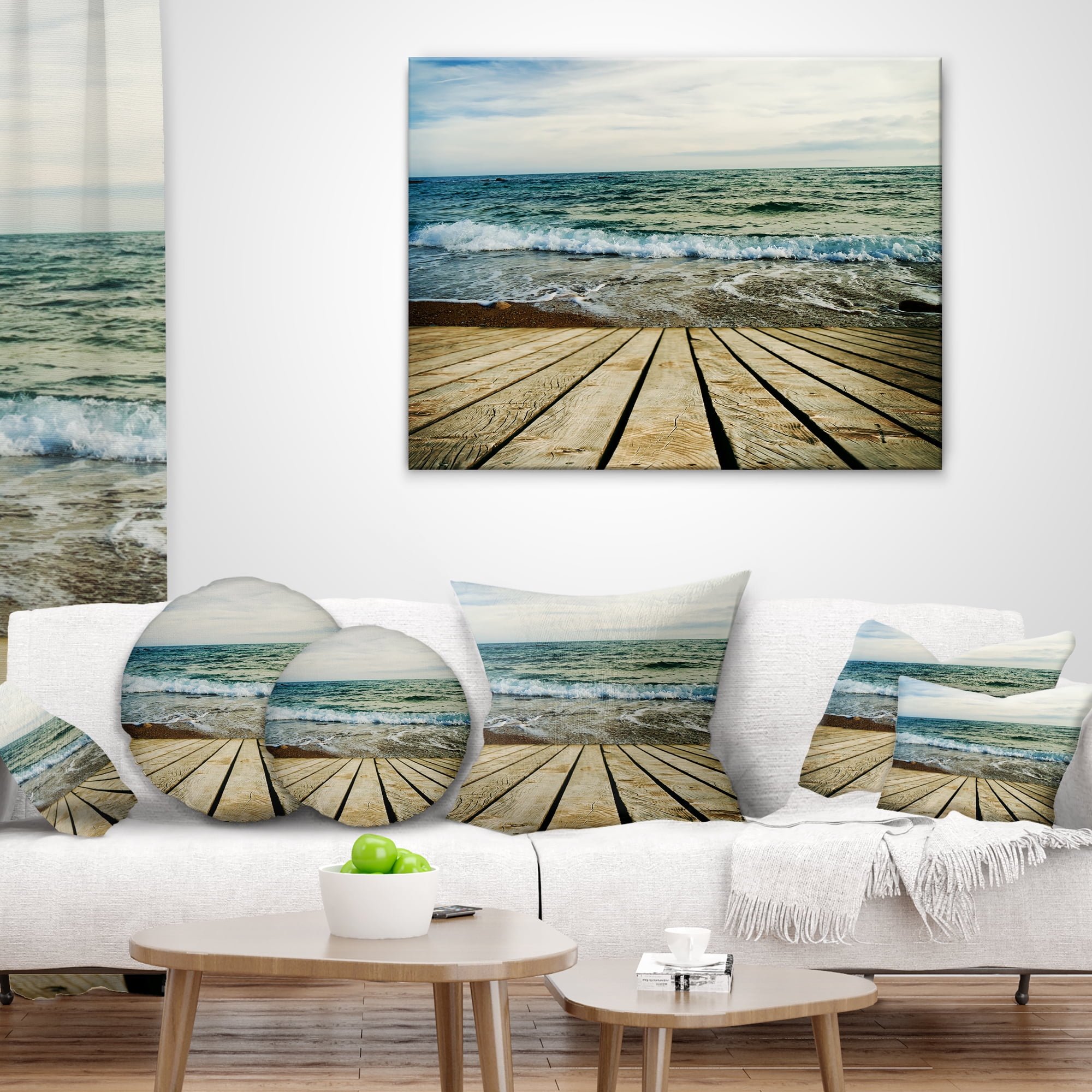 Designart Wooden Pier in Waving Sea - Seascape Throw Pillow - 18x18