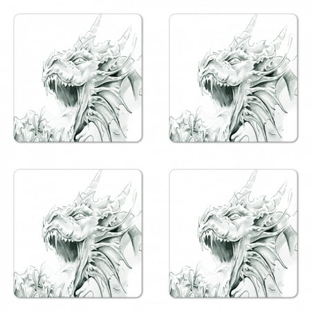 

Dragon Coaster Set of 4 Sketch of a Medieval Character Mythological Creature Abstract Design Square Hardboard Gloss Coasters Standard Size Pale Grey White by Ambesonne