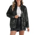 thumbnail image 1 of Chaqueta de mujer INSPIRE CHIC, motociclista, con cremallera, cuello plano, dobladillo fruncido, de cuero sintético PU, color negro, 1 of 6