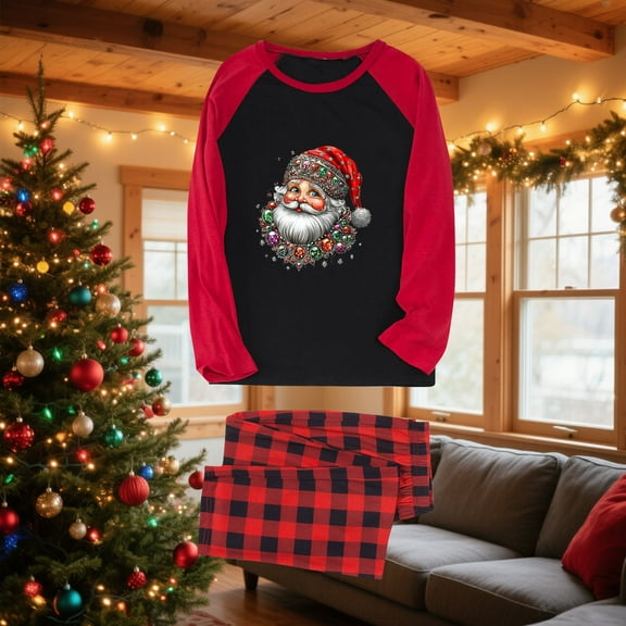 Mifsaly Christmas Family Pajamas Matching Sets 2025 Xmas Santa Print Raglan Long Sleeve Sleepwear Merry Bright Crewneck Patchwork Nightwear Plaid Long Pants with Pockets Festival Party Funny Outfits