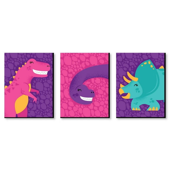 Big Dot of Happiness Roar Dinosaur Girl - Dino Mite T-Rex Nursery Wall Art and Kids Room Decorations - Gift Ideas - 7.5 x 10 inches - Set of 3 Prints