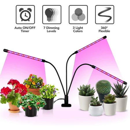 

iPower 15W Triple Head LED Grow Light with Auto ON/Off 3 9 12H Timing Red Blue Spectrum Adjustable Gooseneck Lamp 7 Dimmable Levels for Indoor Plant Black