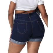 Gocolloa Womens Plus Size Jean Shorts High Waisted Stretchy Ripped Frayed Folded Hem Denim Shorts Dark Blue 26W