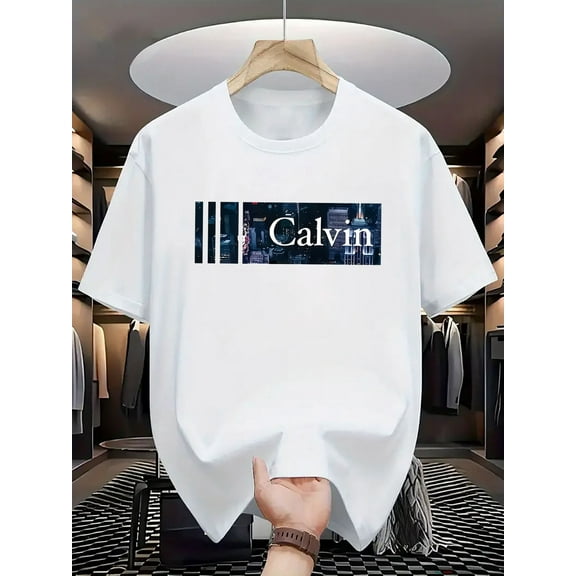 Men's 200g Pure Cotton Short Sleeve T-Shirt - Soft Breathable Fabric with Bold 'CALVIN' Graphic Print, Vibrant Red Round Neck Casual Tee, Machine Washable for All-Season Comfort, Daily Wear Shirt