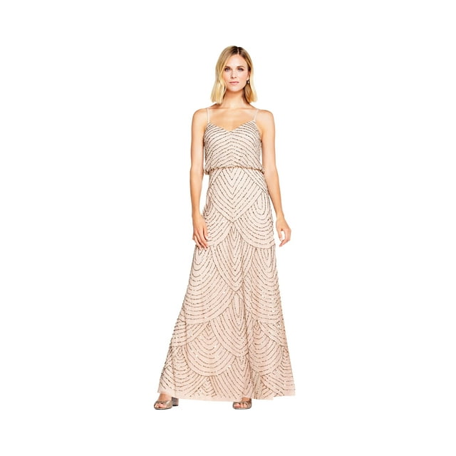 Adrianna Papell Robe Blouson Longue à Perles pour Femme, Taupe/rose, 2