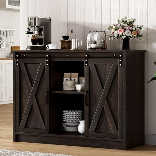 Coffee Bar Cabinet with Sliding Barn Doors, 42” Sideboard Buffet Cabinet with Storage, Farmhouse Coffee Bar Station Table Liquor Wine Bar with Shelves for Kitchen, Espresso