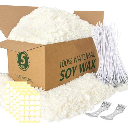 Soy Candle Wax for Candle Making 5 lbs Bag Premium Natural Soy Wax Flakes No additives and Pure 100 Cotton Candle Wicks 100 Wick Stickers & 2 Centering Devices