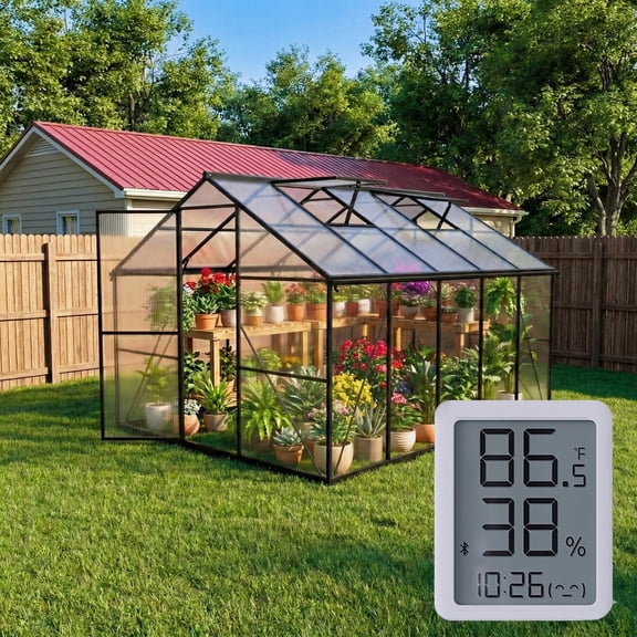 Sylviera 8x10ft Walk-in Greenhouse with Thermometer, Polycarbonate Panels, Reinforced Aluminum Frame, Large Backyard Green House with Roof Vents & Rain Gutter