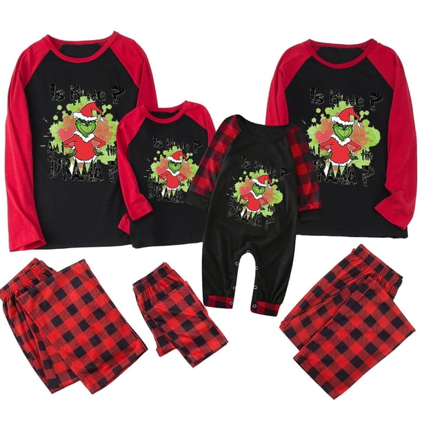 Conjuntos de pijamas navideños familiares a juego Grinch 2024, pijama de Grinch con parte superior y pantalones de pijama a cuadros, pijama de Grinch para niños y adultos para la familia, Mujer XL