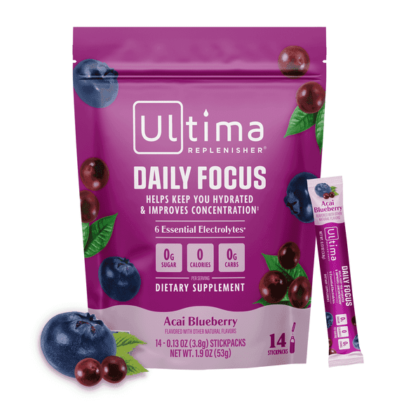 Ultima Replenisher Daily Focus Supplement & Electrolytes Powder - Acai Blueberry, 14 Stickpacks - Hydration Packets, 60mg Caffeine from Green Tea Extract & L-Theanine to Improve Focus & Concentration