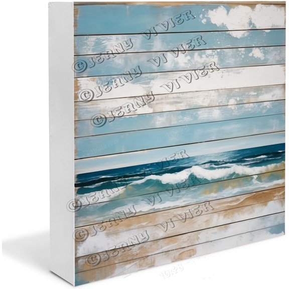 Blue Beach Sea Ocean Landscape Wooden Box Sign Retro Summer Sign for Office Farmhouse Bedroom Decor Table Centerpieces for Party Wood Block Signs For Shelf Desk Decoration 5x5 In
