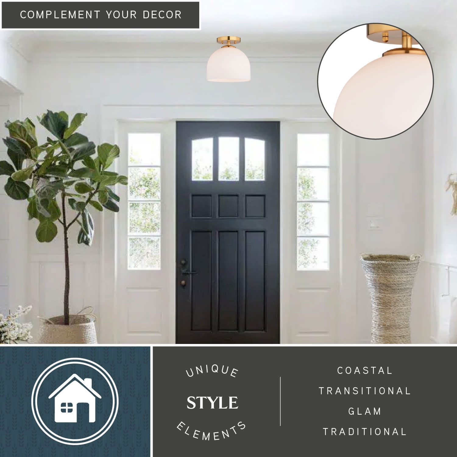 Shelby 9.25-in W Gold Brass Transitional Semi Flush Mount Ceiling Light White Glass