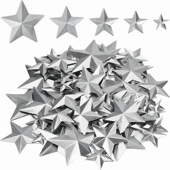 100PCS 5 Sizes Galvanized Small Metal Barn Star Vintage Rustic Star Ornament Three Dimensional Christmas Tree Star for Hanging Wall Holiday Wreath Decor Craft Project Supply Handmade Grey