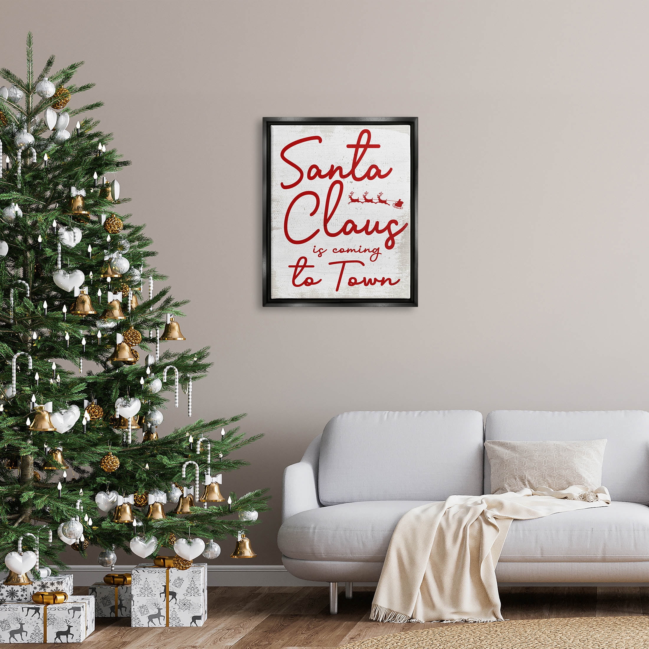 Santa Claus Coming to Town Phrase Holiday Graphic Art Jet Black Framed Art Print Wall Art