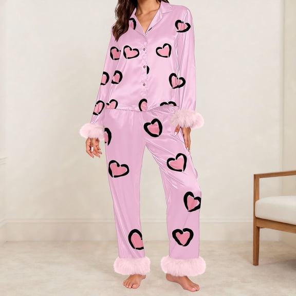 BILIKEYU Women's Cotton Valentine Sleepwear Set Warm Winter Fleece