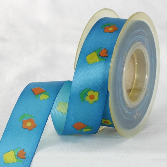 The Ribbon People Blue and Yellow Floral Printed Ribbon 1" x 27 Yards