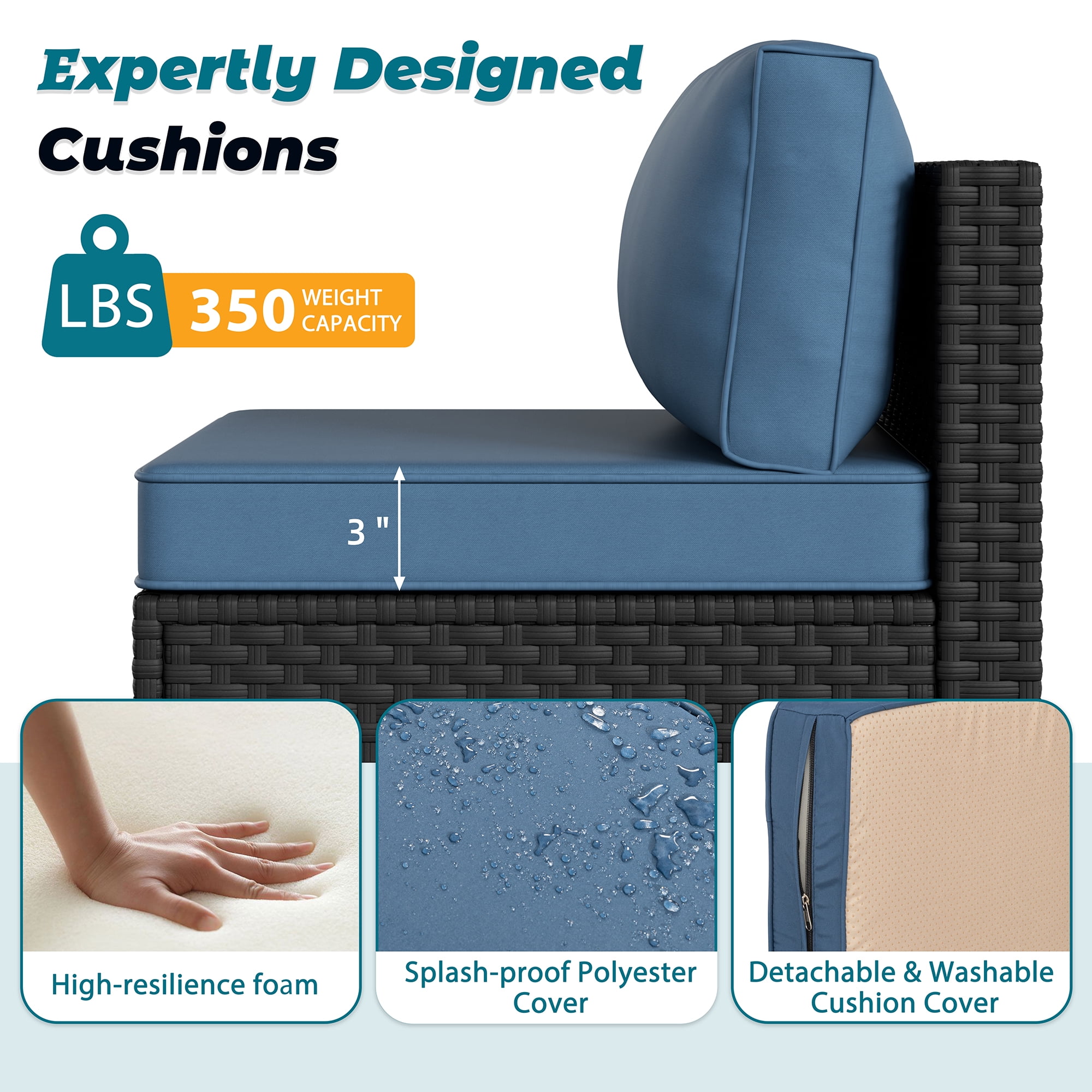 Walsunny 5 Pieces Outdoor Furniture Patio Sectional Sofa Set, Wicker Rattan Conversation Sets with Cushions and Glass Table, Black Rattan Dark Blue Cushions