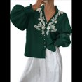 thumbnail image 2 of Camisas de Bordadas para Mujer, Blusa con Cuello en V y Mangas Abotonadas Verde L, 2 of 10