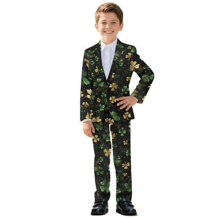 Xoenoiee St. Patrick s Day Shamrock Leaf Print Boys Suit Kids Dinner Dress Clothes Wedding Ring Bearer Outfit Prom Suits Set Toddler Slim Fit Formal Wear Size 9-10 Years