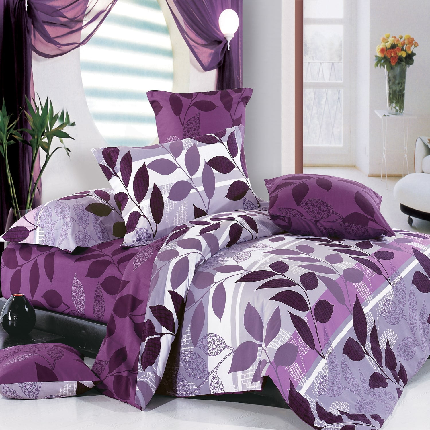 100% Premium Cotton Reversible Design Purple Checked Printed Duvet Cover Set 
