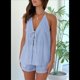thumbnail image 4 of Conjunto de 2 Piezas de Top Holgado de Verano para Mujer, Sexy, con Espalda Descubierta, Cuello Halter y Lazo Frontal, y Pantalones Cortos de Cintura Alta. Azul L, 4 of 10