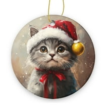 A Gray Cat In A Santa Hat - Christmas Ornament Xmas Keepsake Ceramic Ornaments Holiday Decorations for Tree Christmas Gift Ideas 2.95in