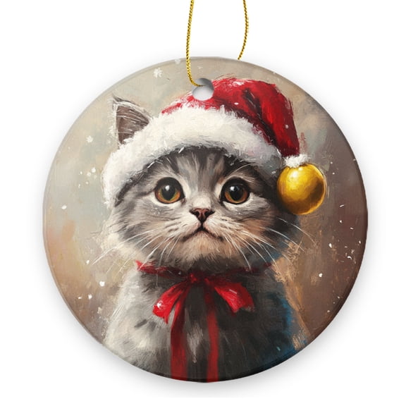 A Gray Cat In A Santa Hat - Christmas Ornament Xmas Keepsake Ceramic Ornaments Holiday Decorations for Tree Christmas Gift Ideas 2.95in