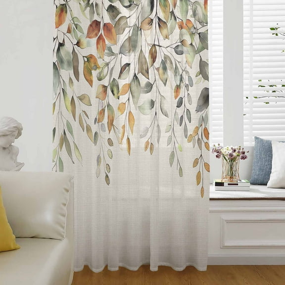 Orange Green Eucalyptus Leaves Semi Sheer Curtains Drapes for Living Room, Bedroom, French Doors Window 96 Inches Long, Fall Botanical Rustic Rod Pocket Chiffon Curtain Drapery Voile Draperies Panel
