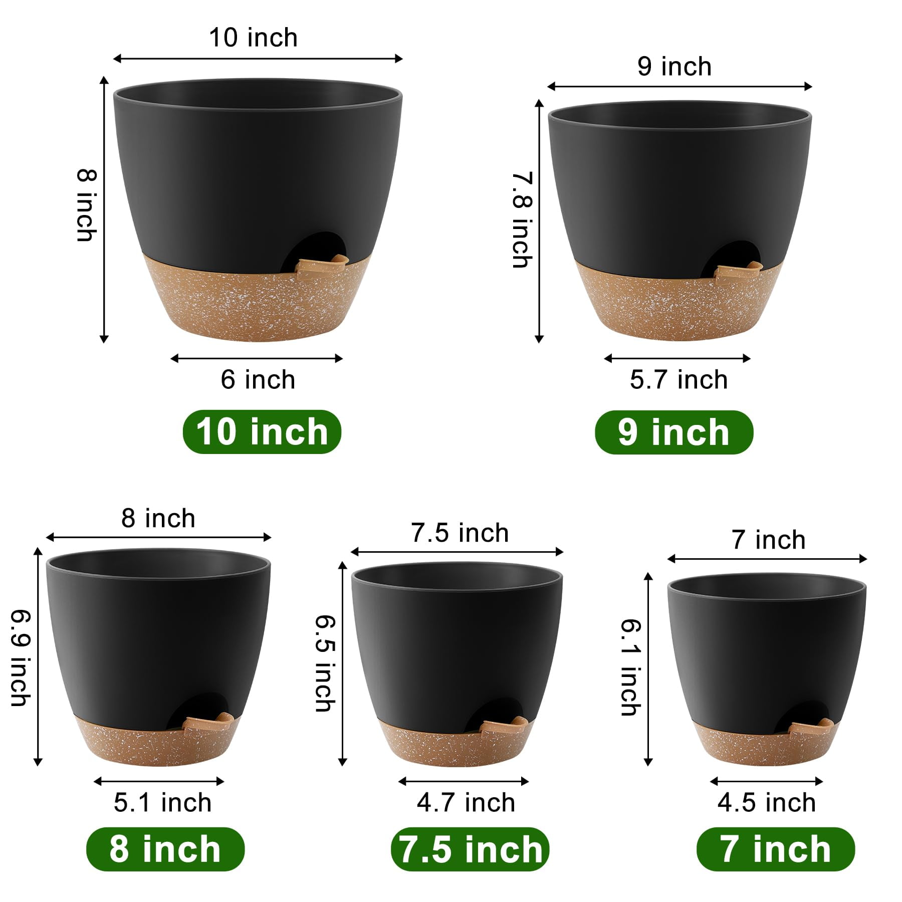 Self Watering Plant Pots Set of 5 with Drainage Holes and Saucers, Plastic Flower Planters for Indoor and Outdoor Gardening, Various Sizes