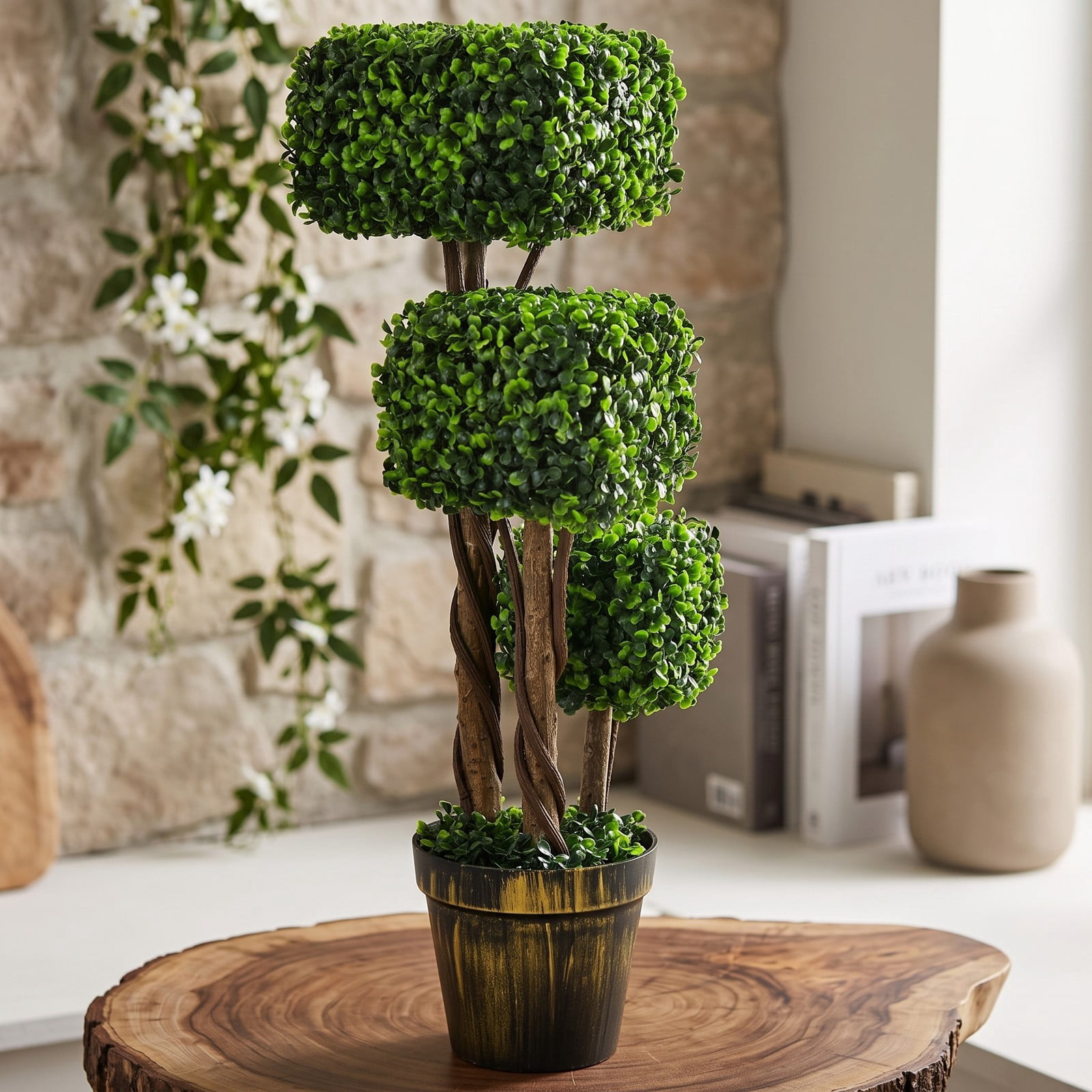 ALPULON 36 Inch Artificial Boxwood Topiary Tree, UV Protected Faux Boxwood Ball Plant with Cement Base for Indoor Outdoor Home Office Porch Patio Garden Decor, Green