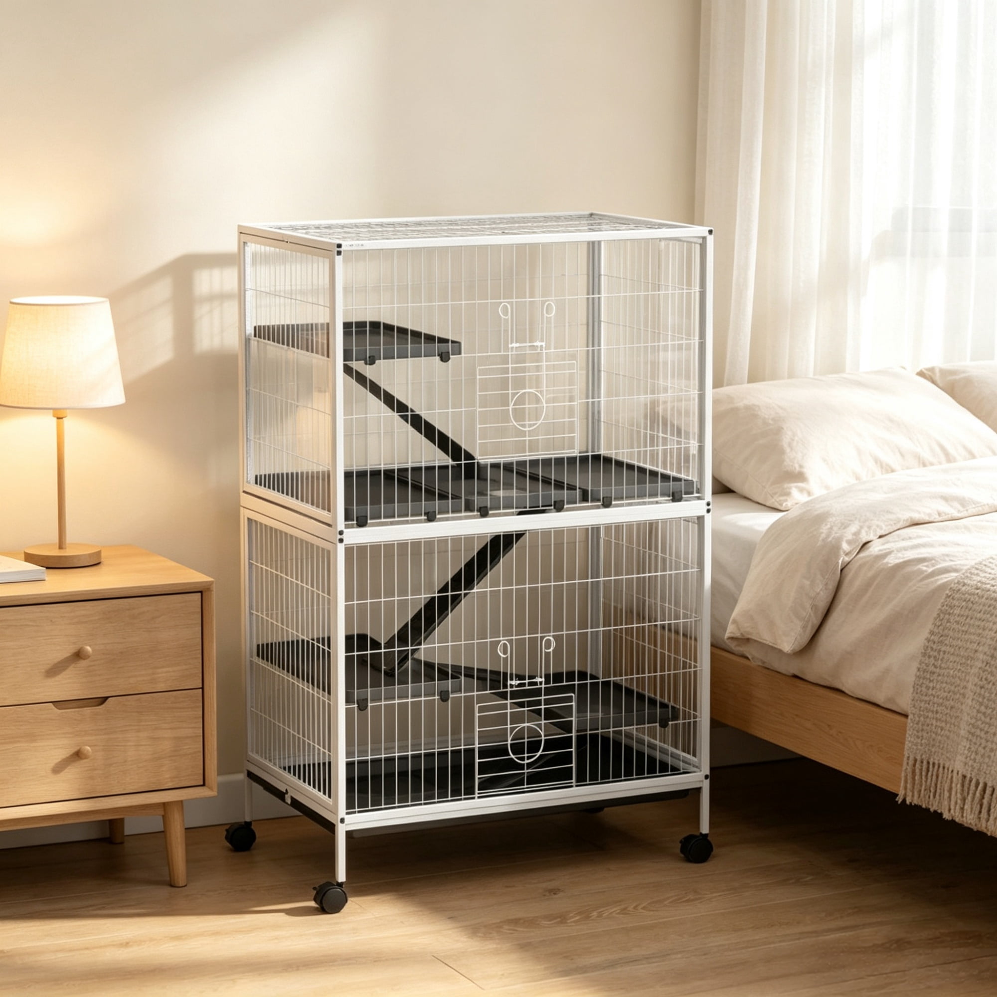 50 Inch Tall Rolling Ferret Chinchilla Cage with Hammock, 4 Doors, Removable Tray