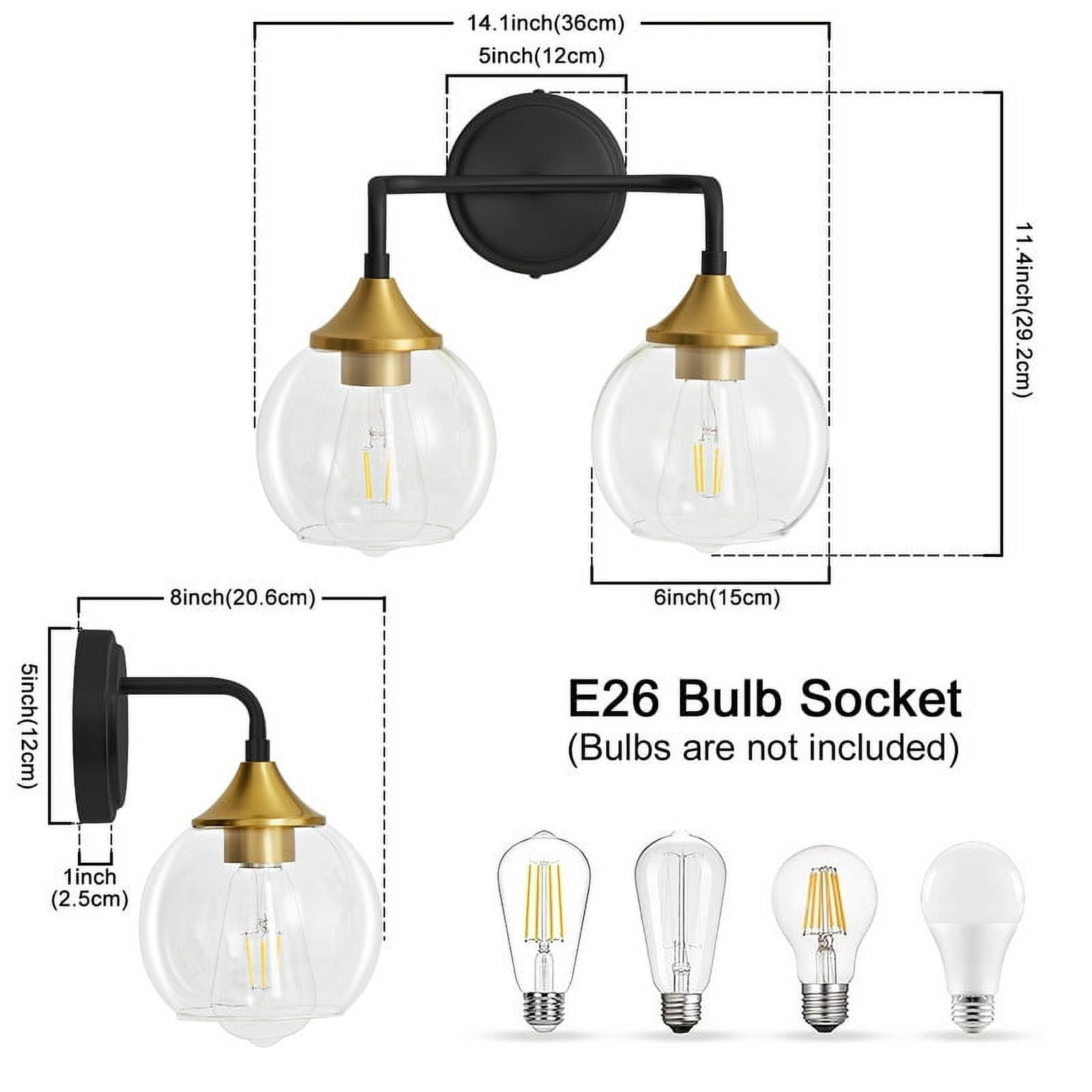 Bathroom Vanity Light with Clear Glass Shade, E26 Base, Bathroom Light Fixtures Over Mirror, Vanity Lights for Bathroom (Exclude E26 Bulb) - Black and Gold, 2-Lights