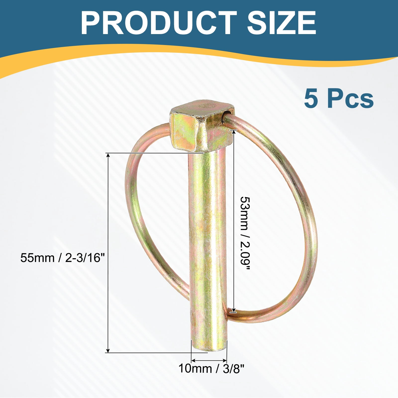 Uxcell 5Pcs Lynch Pin with Ring (3/8" x 2-3/16") - Heavy Duty Linch Pins Shaft Locking Pin Clips Carbon Steel, for Farm Tractors Trucks Lawn Mowers Trailers Trolley, Gold