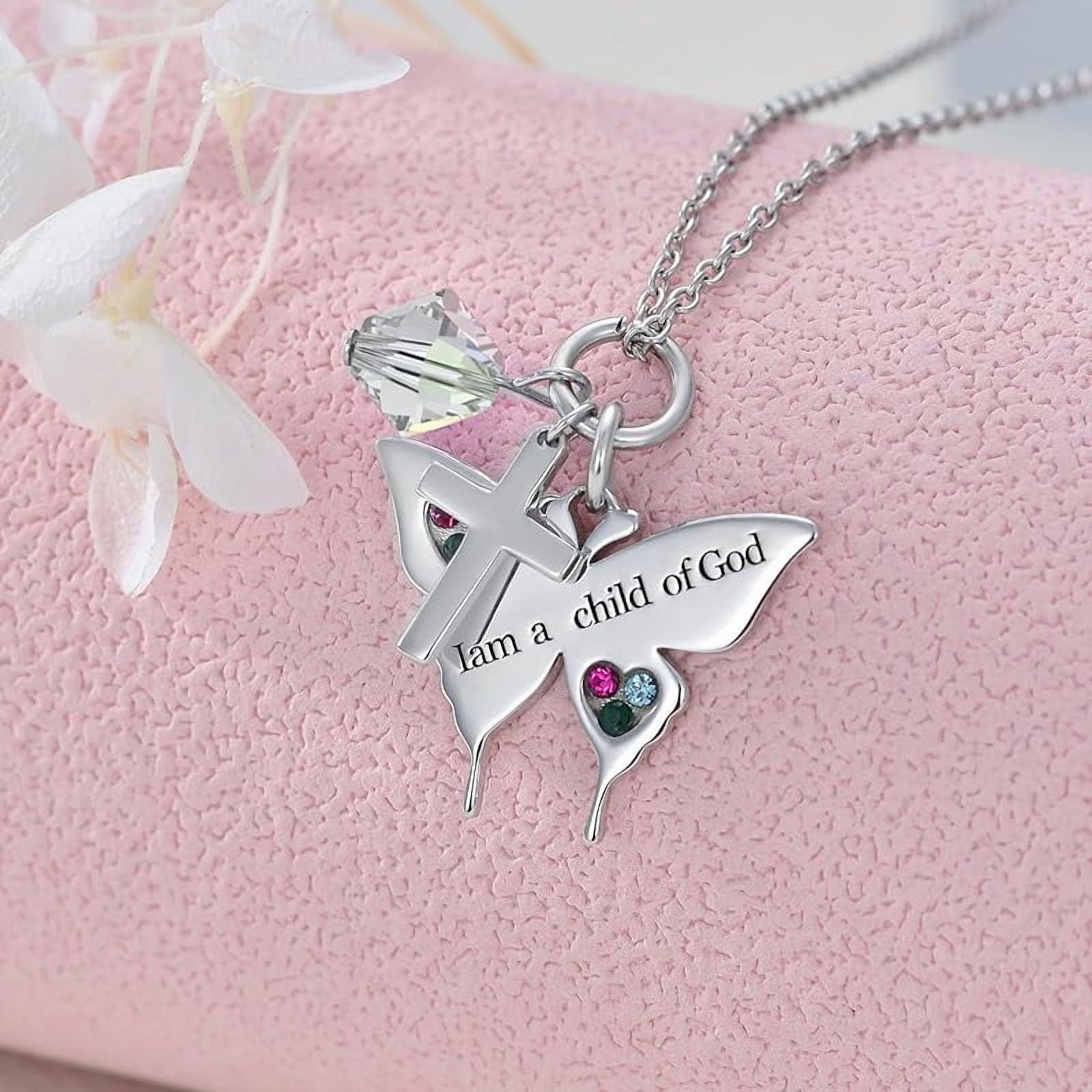SISGEM 925 Sterling Silver Cross Butterfly Necklace Baptism Communion Birthday Conformation Gifts for Daughter Granddaughter Niece with 12 Birthstones